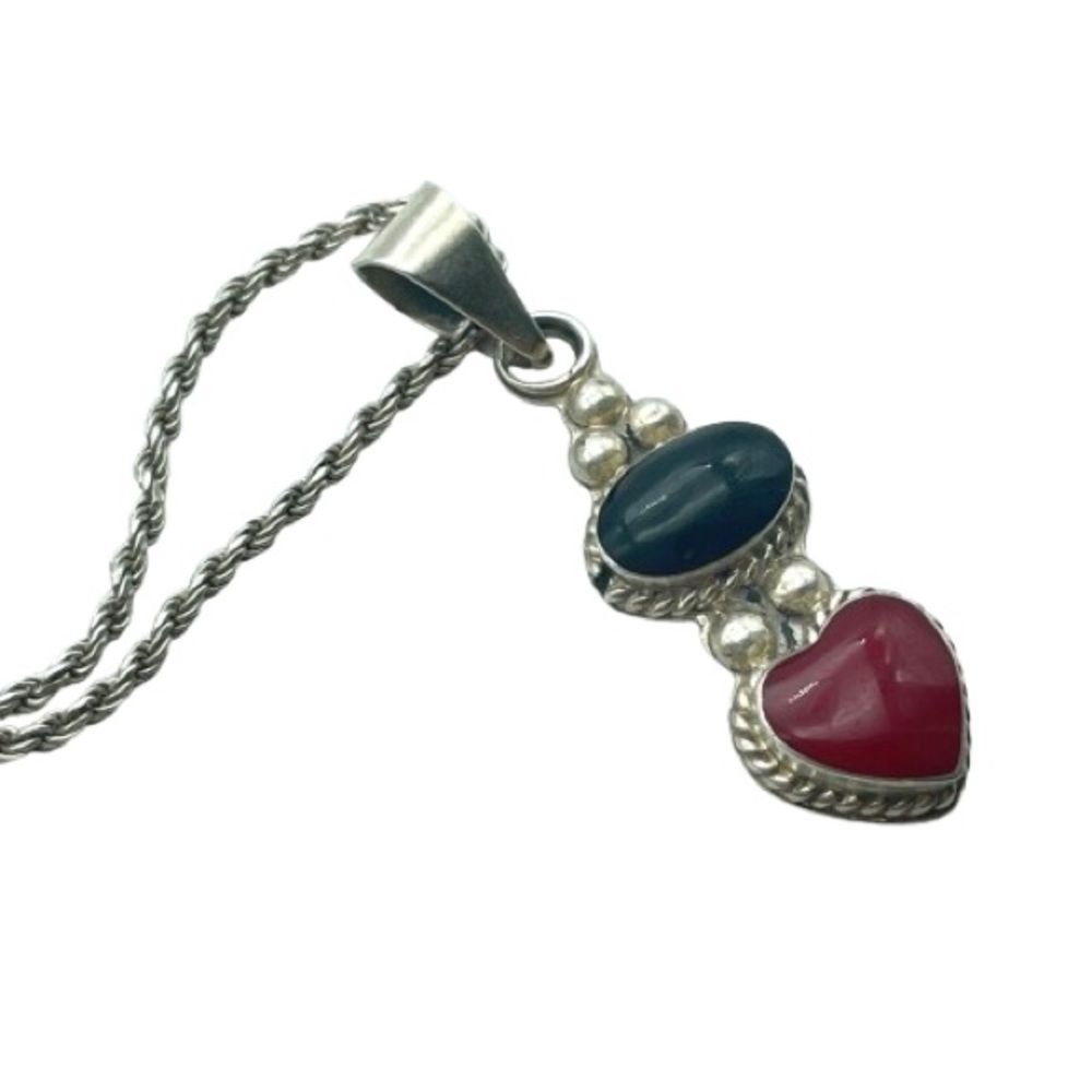 Sterling Silver Heart Pendant Necklace Red & Black Inlay Stone Rope Twist Chain - Picture 4 of 17